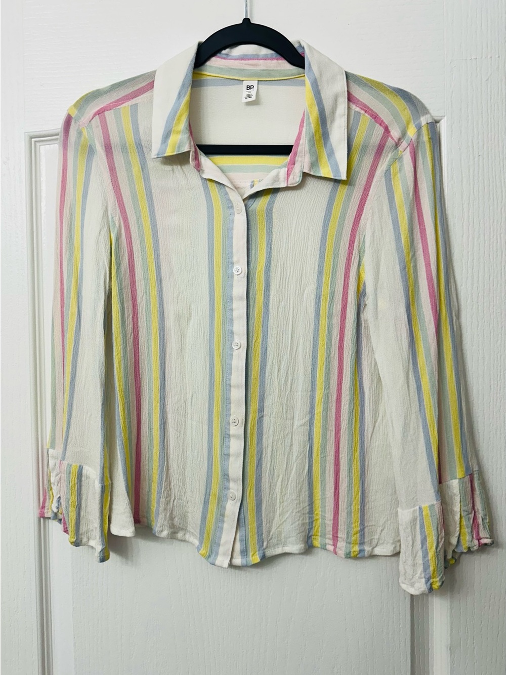 BP White Button-Up Blouse with Pink, Yellow & Blue Stripes Med.